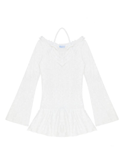 Halter Neck Semi-Transparent White Lace V-Neck Flared Sleeves Slimming Layered Top【s0000018753】