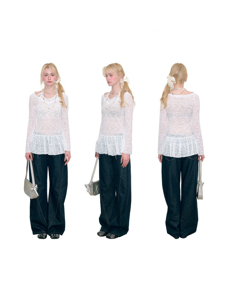 Halter Neck Semi-Transparent White Lace V-Neck Flared Sleeves Slimming Layered Top【s0000018753】