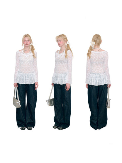 Halter Neck Semi-Transparent White Lace V-Neck Flared Sleeves Slimming Layered Top【s0000018753】