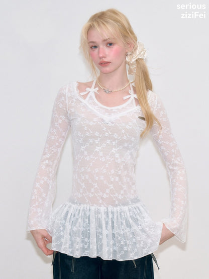 Halter Neck Semi-Transparent White Lace V-Neck Flared Sleeves Slimming Layered Top【s0000018753】
