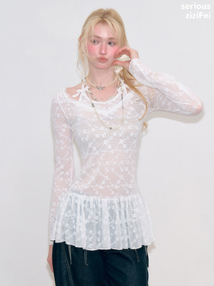 Halter Neck Semi-Transparent White Lace V-Neck Flared Sleeves Slimming Layered Top【s0000018753】