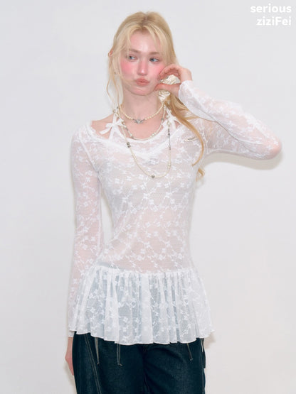 Halter Neck Semi-Transparent White Lace V-Neck Flared Sleeves Slimming Layered Top【s0000018753】