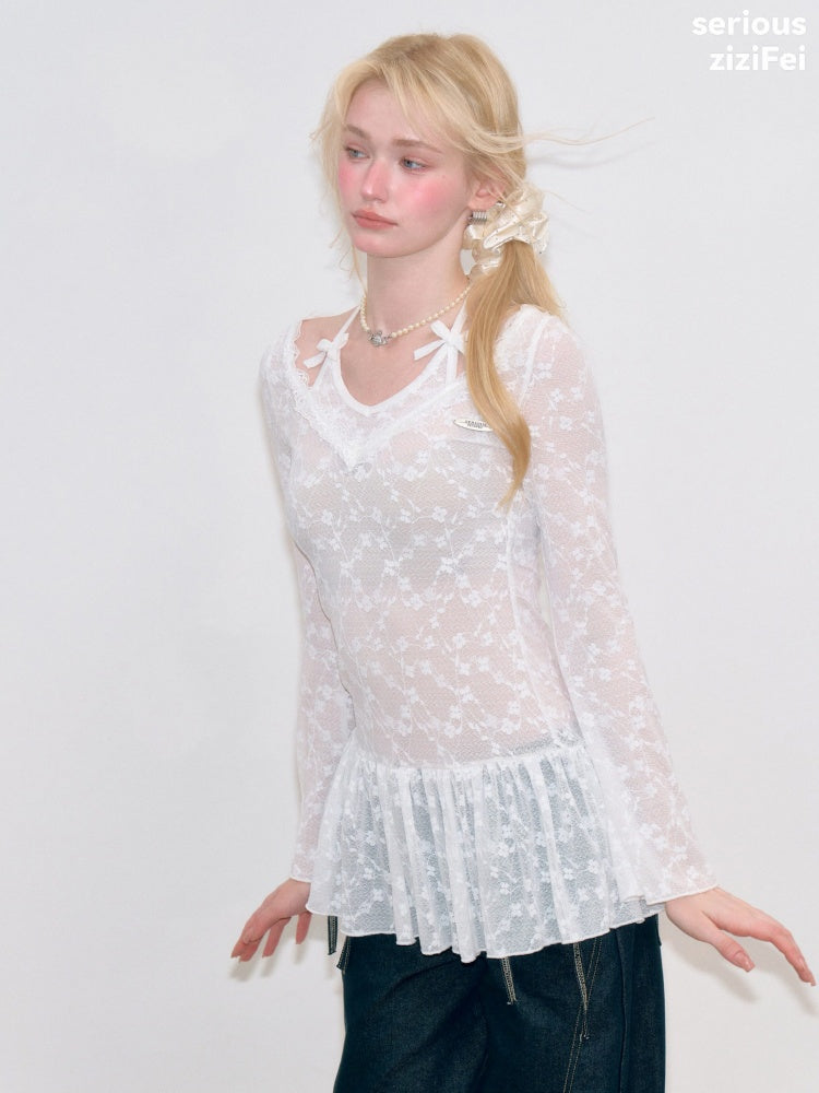Halter Neck Semi-Transparent White Lace V-Neck Flared Sleeves Slimming Layered Top【s0000018753】