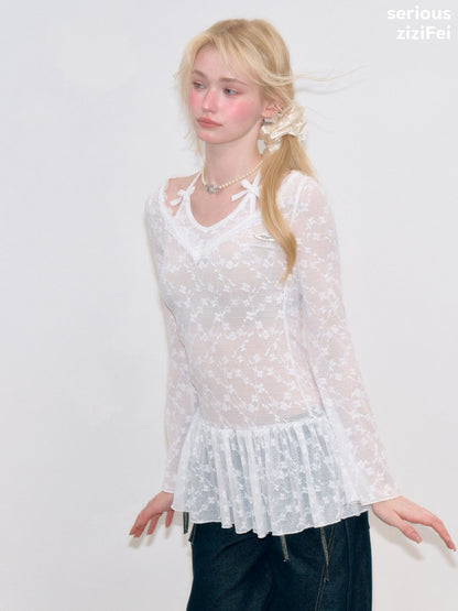 Halter Neck Semi-Transparent White Lace V-Neck Flared Sleeves Slimming Layered Top【s0000018753】