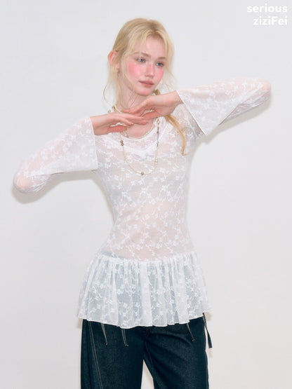Halter Neck Semi-Transparent White Lace V-Neck Flared Sleeves Slimming Layered Top【s0000018753】