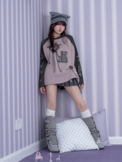Pink Purple Brightening Balloon Bear Raglan Sleeves Loose Lazy T-Shirt【s0000018754】