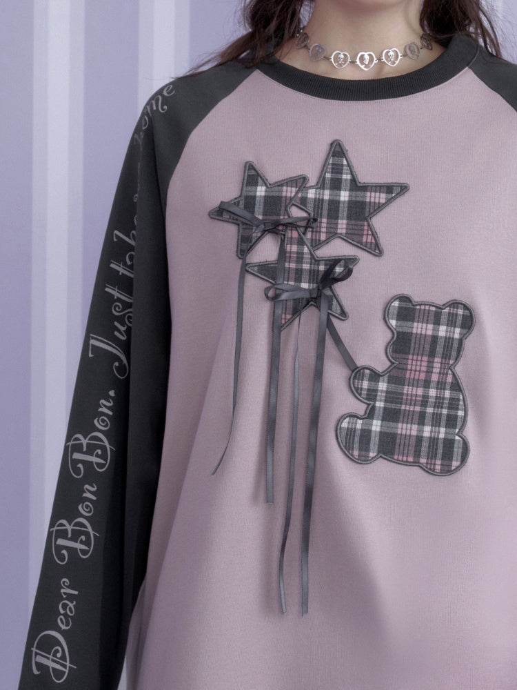 Pink Purple Brightening Balloon Bear Raglan Sleeves Loose Lazy T-Shirt【s0000018754】