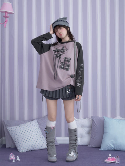 Pink Purple Brightening Balloon Bear Raglan Sleeves Loose Lazy T-Shirt【s0000018754】