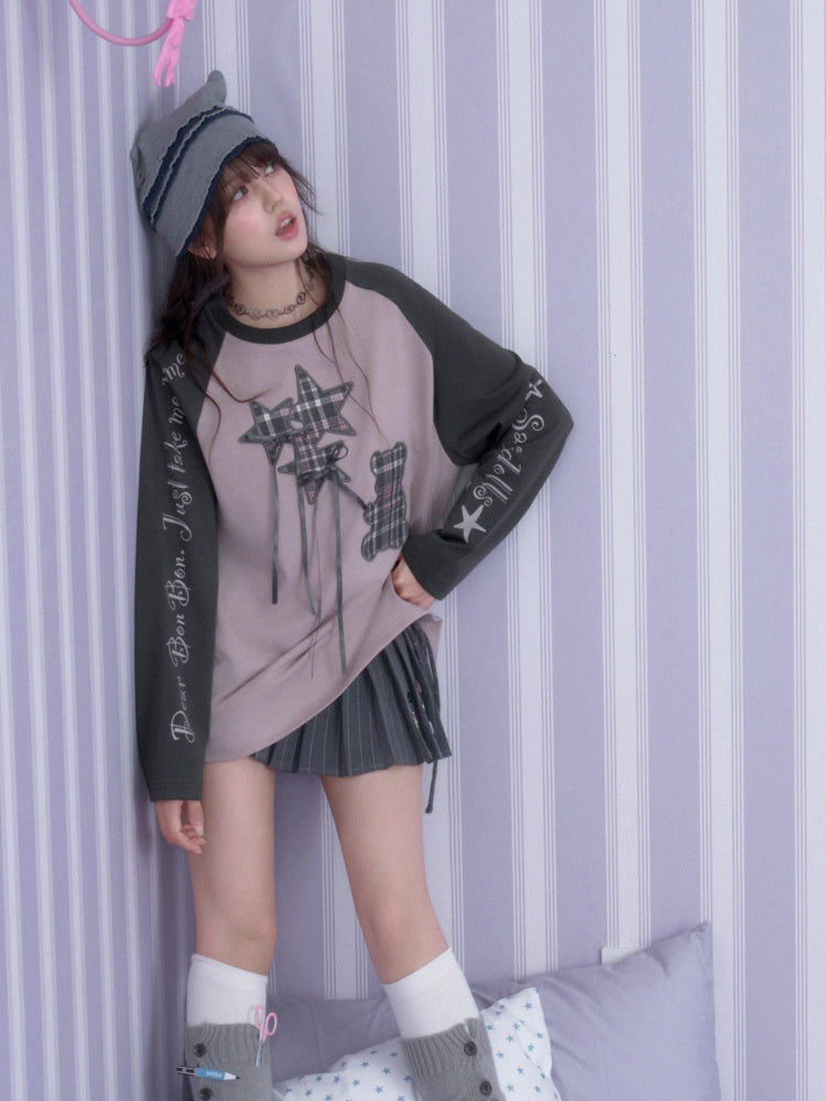 Pink Purple Brightening Balloon Bear Raglan Sleeves Loose Lazy T-Shirt【s0000018754】