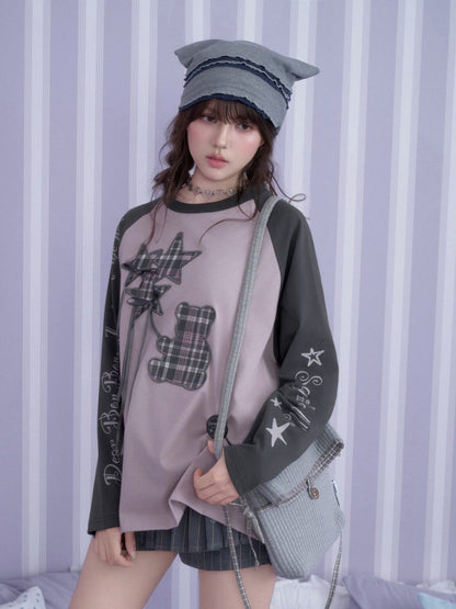 Pink Purple Brightening Balloon Bear Raglan Sleeves Loose Lazy T-Shirt【s0000018754】