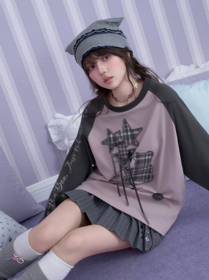 Pink Purple Brightening Balloon Bear Raglan Sleeves Loose Lazy T-Shirt【s0000018754】