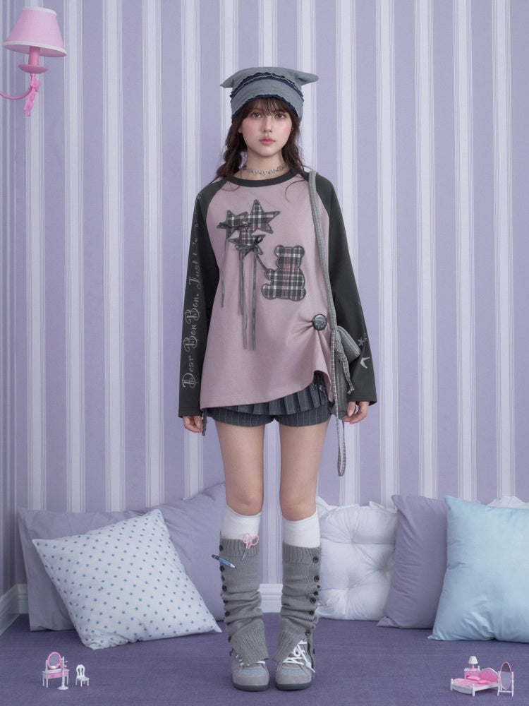 Pink Purple Brightening Balloon Bear Raglan Sleeves Loose Lazy T-Shirt【s0000018754】