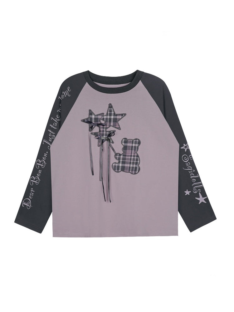 Pink Purple Brightening Balloon Bear Raglan Sleeves Loose Lazy T-Shirt【s0000018754】