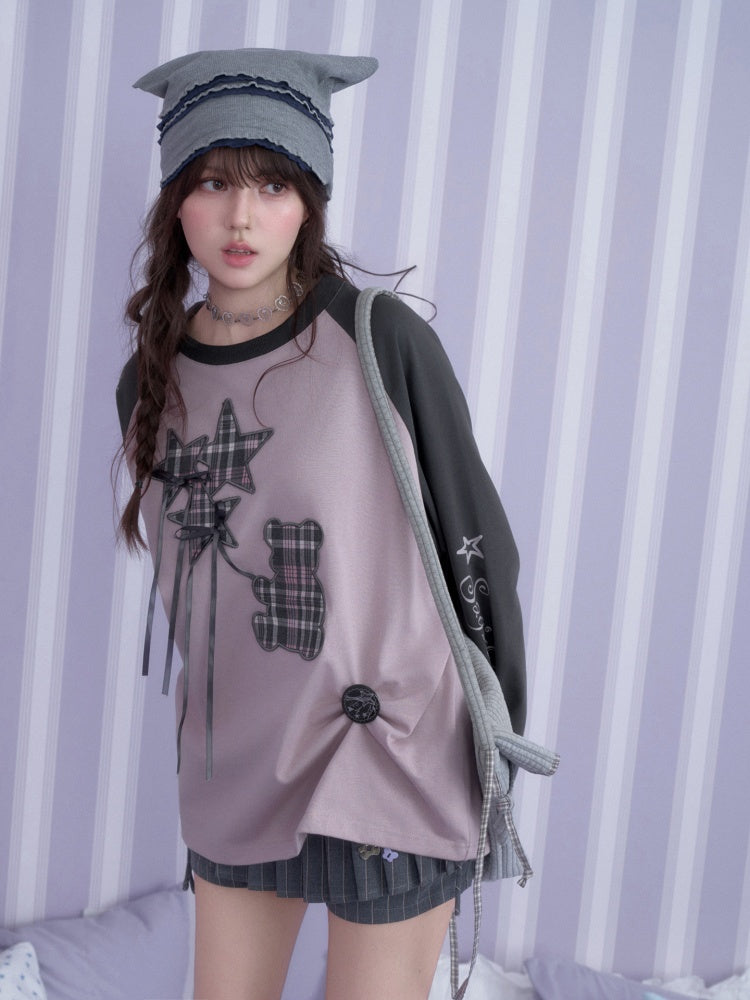 Pink Purple Brightening Balloon Bear Raglan Sleeves Loose Lazy T-Shirt【s0000018754】