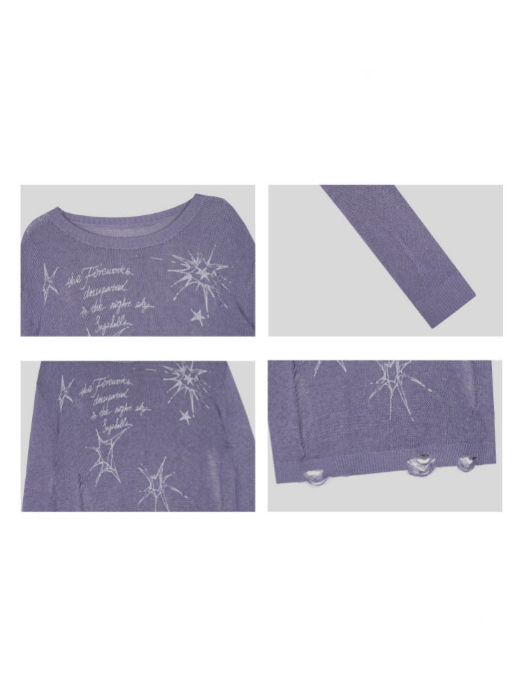 Purple Ripped Knit Mesh Print Loose Slimming Sweater【s0000018755】