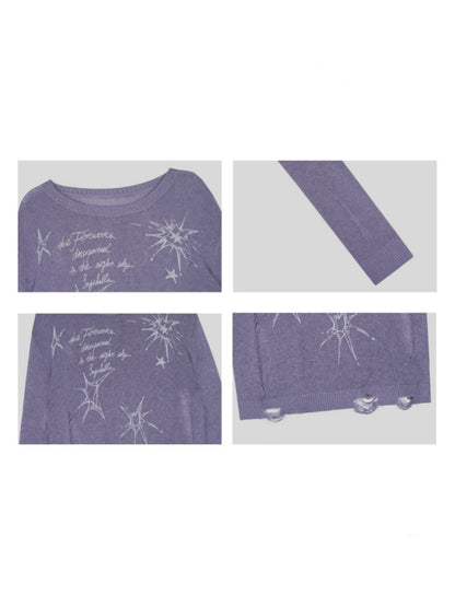 Purple Ripped Knit Mesh Print Loose Slimming Sweater【s0000018755】