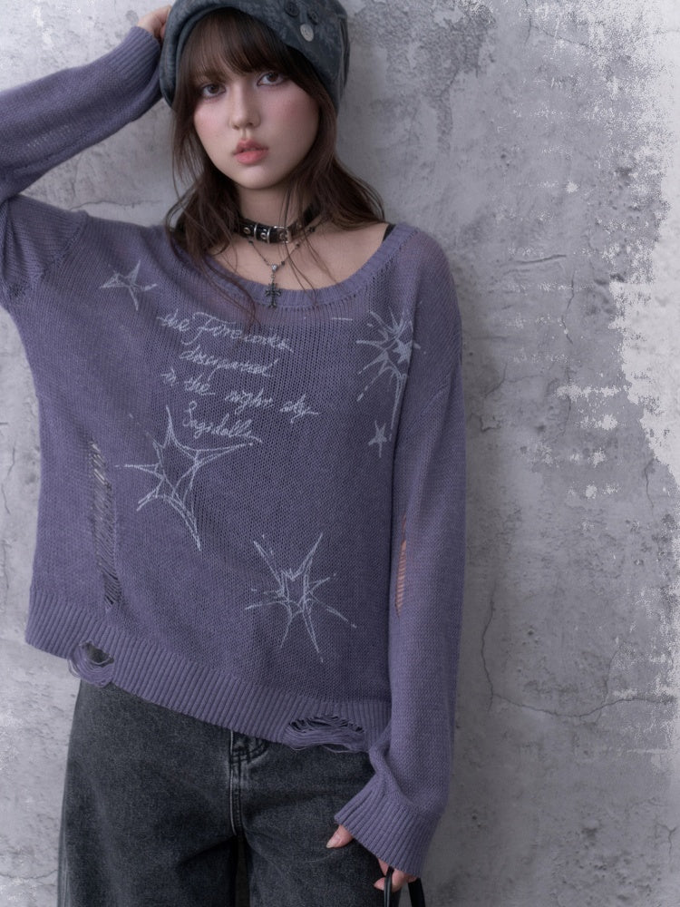 Purple Ripped Knit Mesh Print Loose Slimming Sweater【s0000018755】