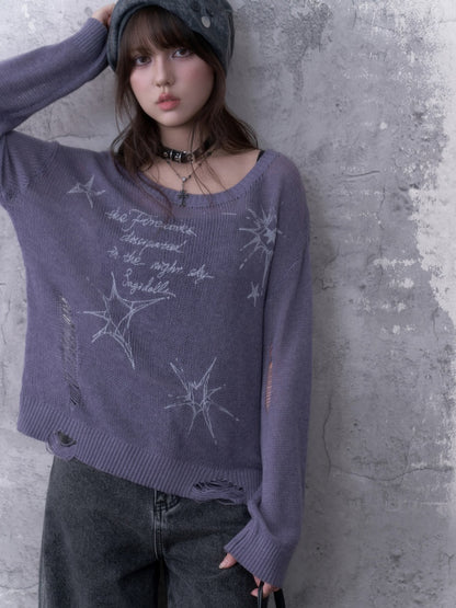 Purple Ripped Knit Mesh Print Loose Slimming Sweater【s0000018755】