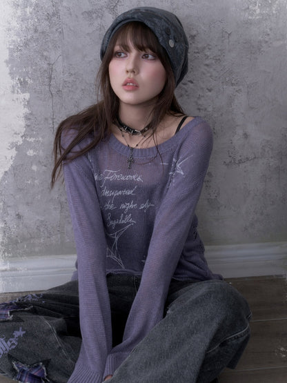 Purple Ripped Knit Mesh Print Loose Slimming Sweater【s0000018755】