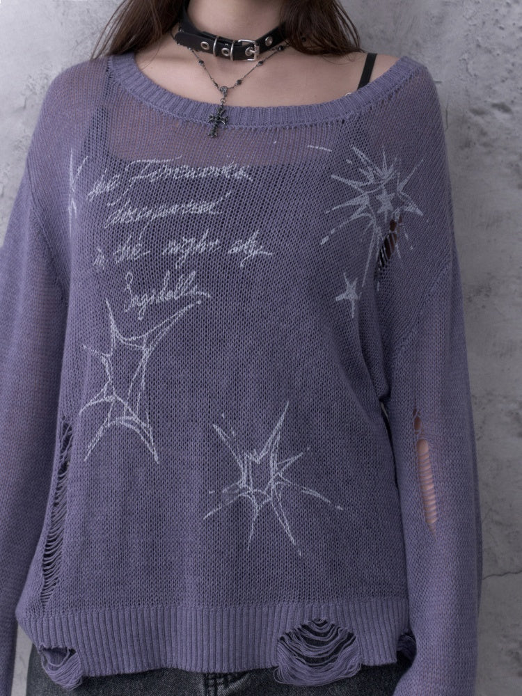 Purple Ripped Knit Mesh Print Loose Slimming Sweater【s0000018755】