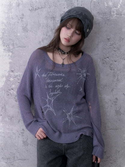 Purple Ripped Knit Mesh Print Loose Slimming Sweater【s0000018755】