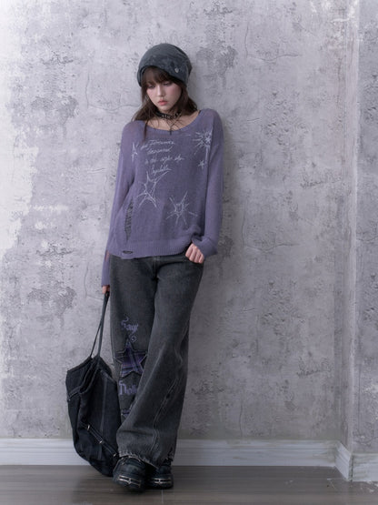 Purple Ripped Knit Mesh Print Loose Slimming Sweater【s0000018755】