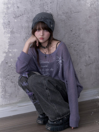 Purple Ripped Knit Mesh Print Loose Slimming Sweater【s0000018755】