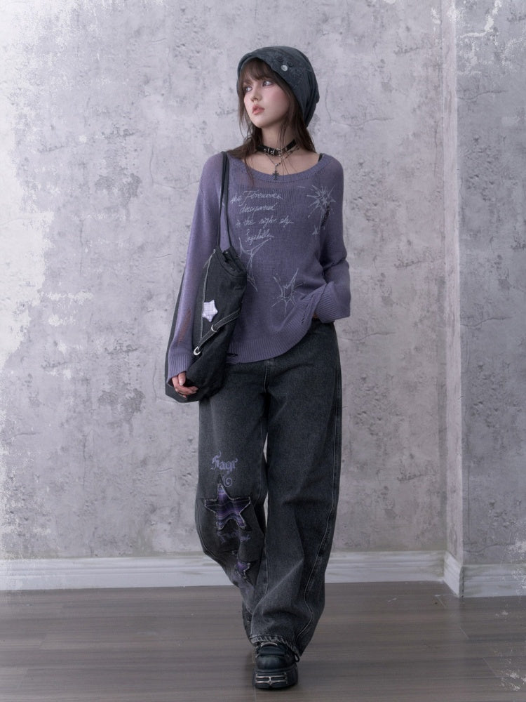 Purple Ripped Knit Mesh Print Loose Slimming Sweater【s0000018755】