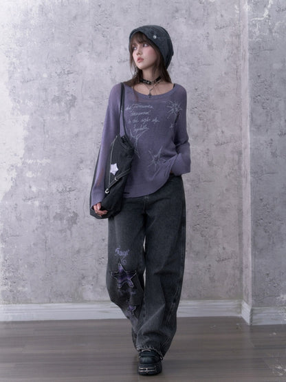 Purple Ripped Knit Mesh Print Loose Slimming Sweater【s0000018755】