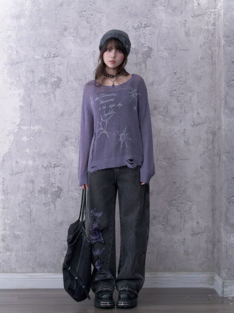 Purple Ripped Knit Mesh Print Loose Slimming Sweater【s0000018755】