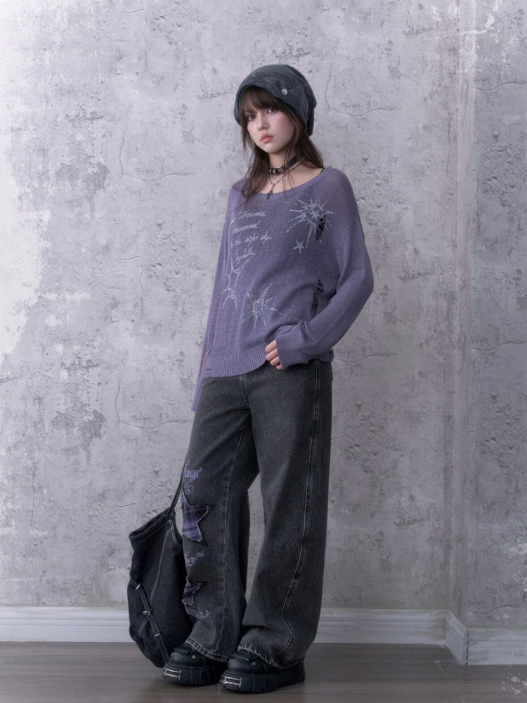 Purple Ripped Knit Mesh Print Loose Slimming Sweater【s0000018755】