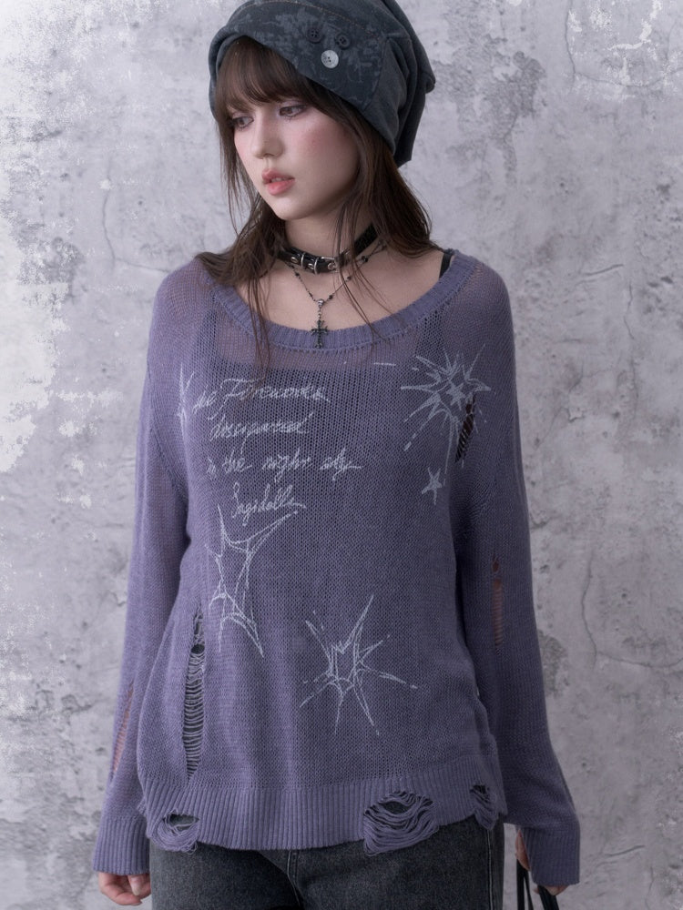 Purple Ripped Knit Mesh Print Loose Slimming Sweater【s0000018755】