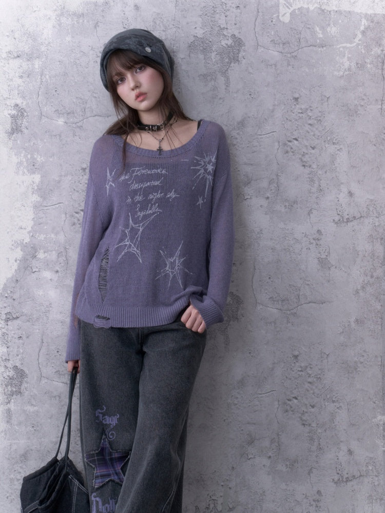 Purple Ripped Knit Mesh Print Loose Slimming Sweater【s0000018755】