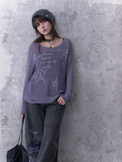 Purple Ripped Knit Mesh Print Loose Slimming Sweater【s0000018755】