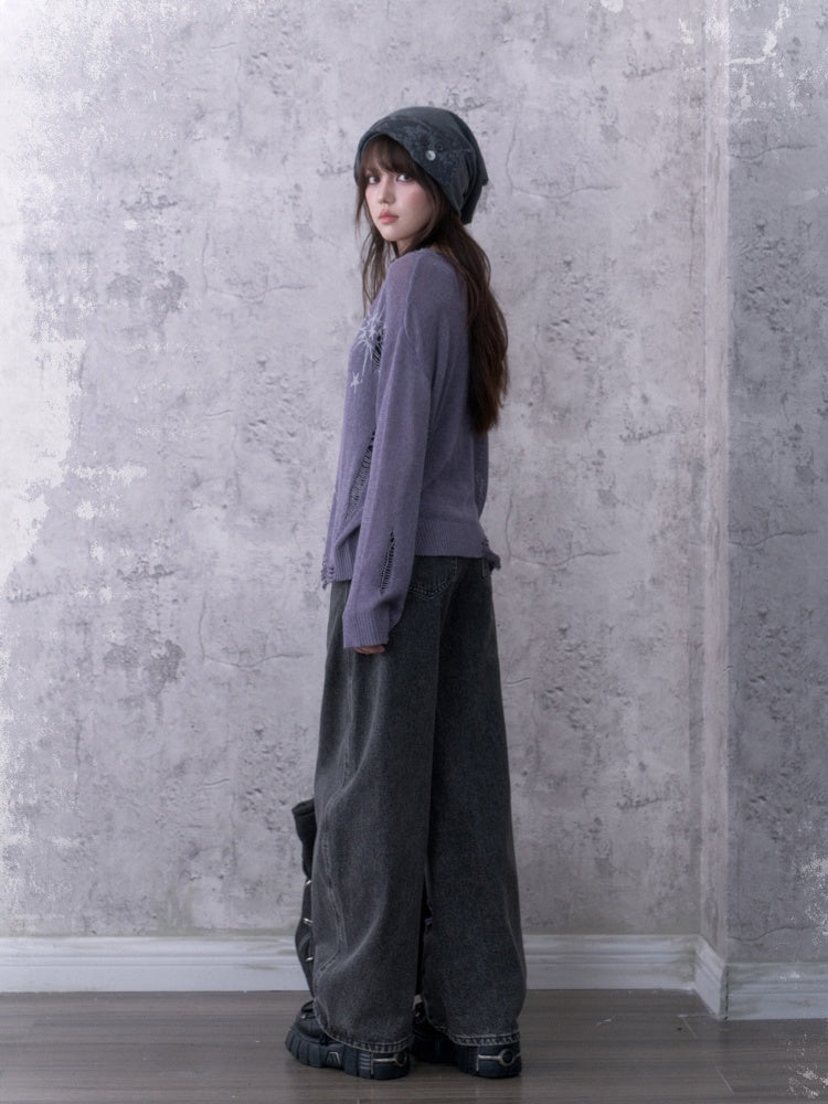 Purple Ripped Knit Mesh Print Loose Slimming Sweater【s0000018755】