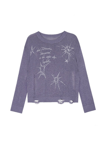Purple Ripped Knit Mesh Print Loose Slimming Sweater【s0000018755】
