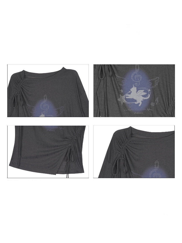 Y2K Gray Unicorn Drawstring Irregular Design T-shirt【s0000018756】