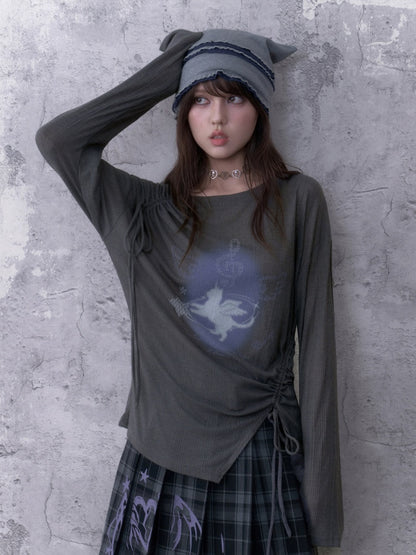Y2K Gray Unicorn Drawstring Irregular Design T-shirt【s0000018756】