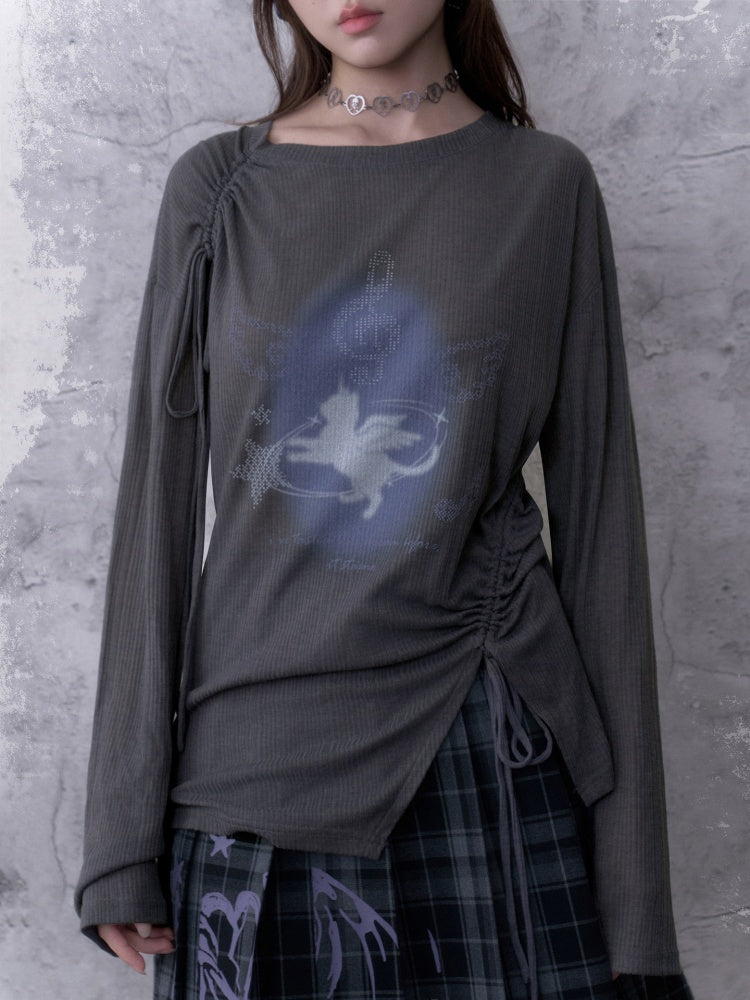 Y2K Gray Unicorn Drawstring Irregular Design T-shirt【s0000018756】