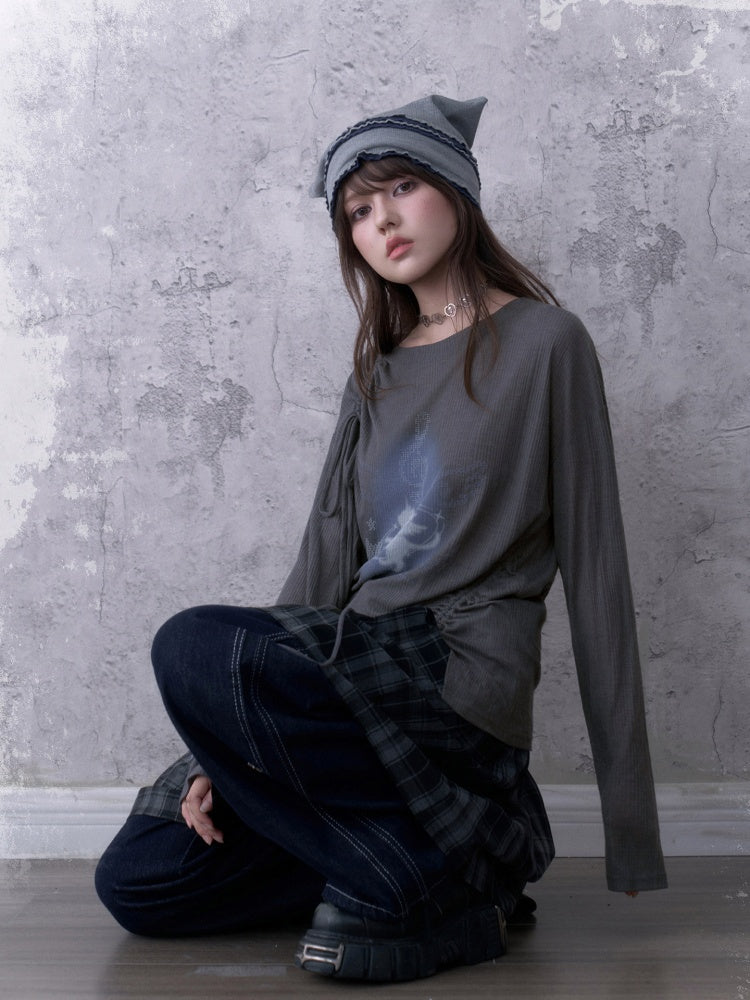 Y2K Gray Unicorn Drawstring Irregular Design T-shirt【s0000018756】