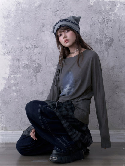 Y2K Gray Unicorn Drawstring Irregular Design T-shirt【s0000018756】