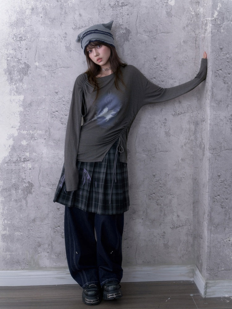 Y2K Gray Unicorn Drawstring Irregular Design T-shirt【s0000018756】