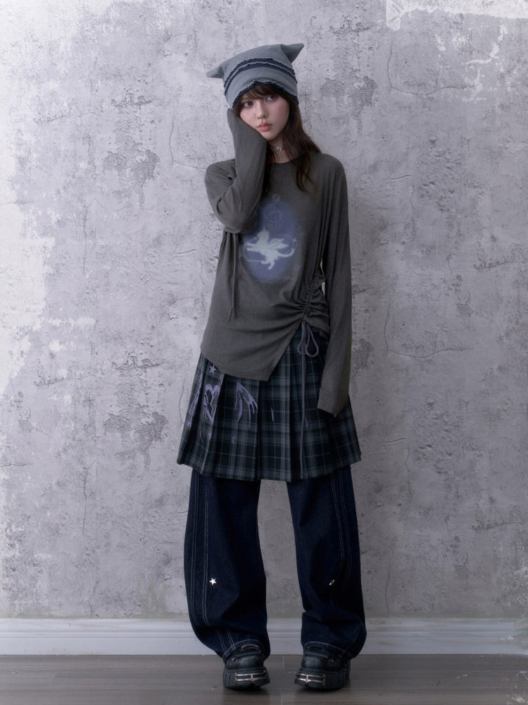 Y2K Gray Unicorn Drawstring Irregular Design T-shirt【s0000018756】