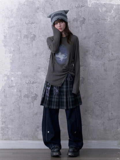 Y2K Gray Unicorn Drawstring Irregular Design T-shirt【s0000018756】
