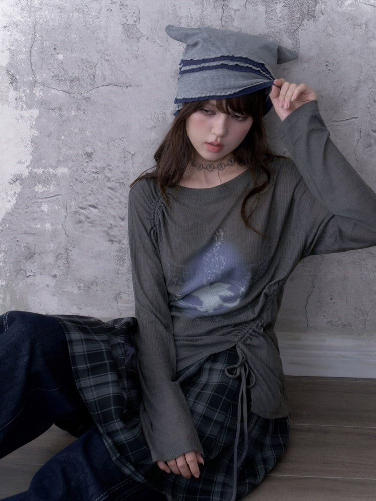 Y2K Gray Unicorn Drawstring Irregular Design T-shirt【s0000018756】