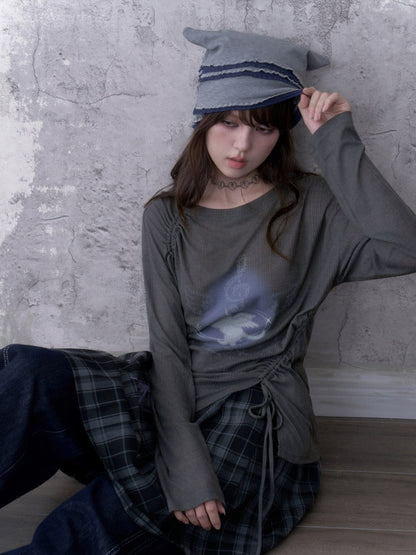 Y2K Gray Unicorn Drawstring Irregular Design T-shirt【s0000018756】
