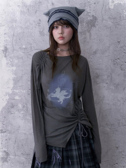 Y2K Gray Unicorn Drawstring Irregular Design T-shirt【s0000018756】