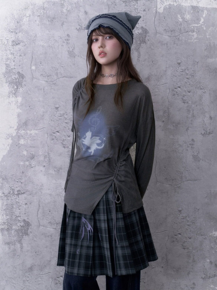 Y2K Gray Unicorn Drawstring Irregular Design T-shirt【s0000018756】