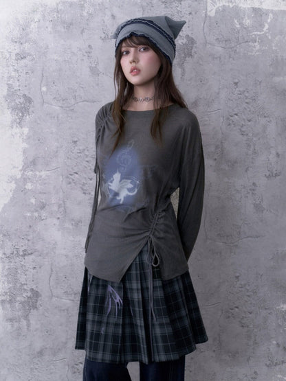 Y2K Gray Unicorn Drawstring Irregular Design T-shirt【s0000018756】