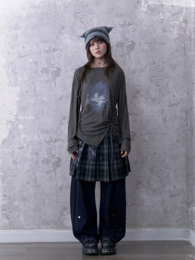 Y2K Gray Unicorn Drawstring Irregular Design T-shirt【s0000018756】